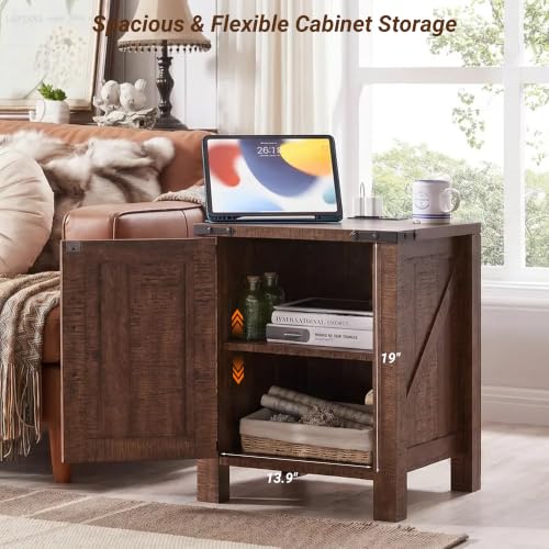 OKD 18" Farmhouse End Table Set of 2, Reclaimed Barnwood | Rustic Nightstand, Charging Station, Barn Door, Adjustable Storage Shelf, Wood Sofa Side Table, Living Room, Bedroom - color: Reclaimed Barnwood