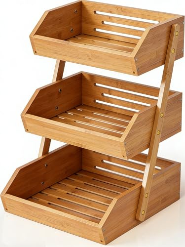 Simple Trending 3-Tier Natural Bamboo Fruit & Vegetable Basket Organizer, Ventilated Countertop Kitchen Storage with 2 Removable Banana Hooks, Sturdy for Fruits, Veggies, Snacks, Bread, Easy Assemble