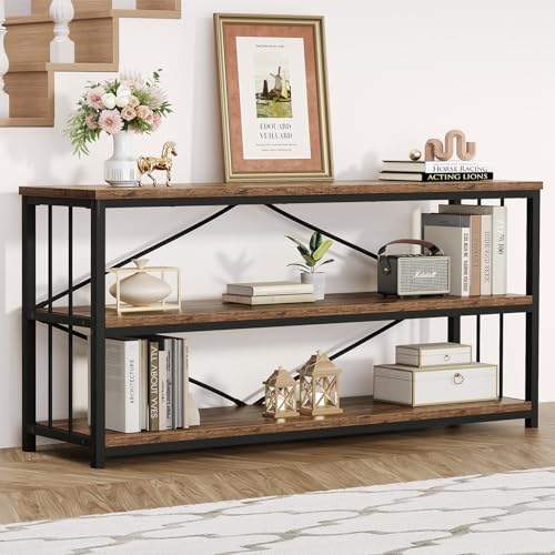 HSH Horizontal Low Bookshelf, Extra Long Industrial Wood 3 Tier Bookcase, Wide Open Metal Large Book Shelf for Bedroom Living Room, Rustic Brown, 70 Inch - color: Rustic Brown, size: 70 Inch