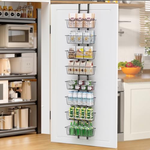 8 Tier Over the Door Pantry Organizer, Over the Door Spice Rack with Adjustable Baskets, Metal Hanging Door Pantry Organizers and Storage for Kitchen Bathroom Bedroom, Black - color: Black, size: 8-Tier