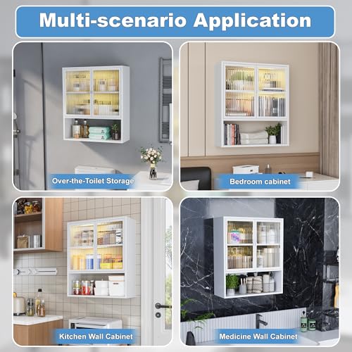 Metal Bathroom Wall Cabinet with Glass Doors | Medicine Cabinet, Wall Mounted Cabinet Over The Toilet, White Small Cupboard, 2 LED Light - style: Half Glass Door White