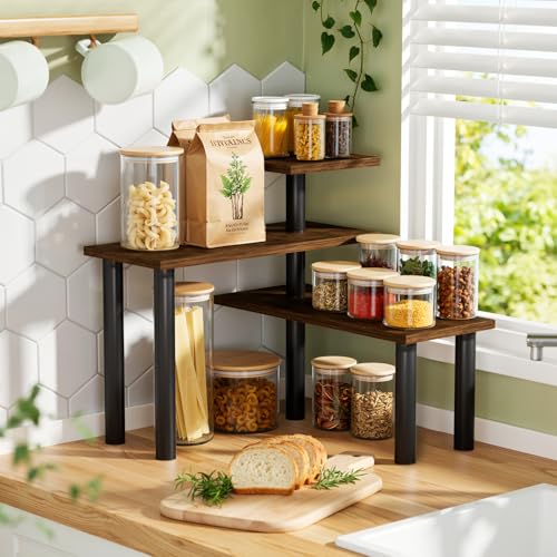 3-Tier Corner Countertop Organizer – Kitchen Counter & Bathroom Vanity Organizer, Coffee Bar Corner Shelf, Spice Rack Stand, L-Shaped Space-Saving Storage, Rustic Brown and Black, Wood - color: Brown