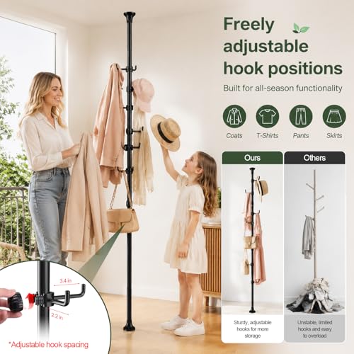 Coat Rack Freestanding, 56 to 125 inch Adjustable Tension Rod Hanger with 12 Hooks for Hanging Coat, Plant,Jacket, Hat, Scarf, Suitable for Living Room, Balcony, Kitchen Black - color: Black