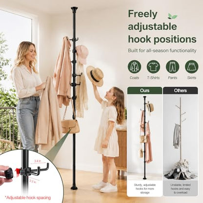 Coat Rack Freestanding, 56 to 125 inch Adjustable Tension Rod Hanger with 12 Hooks for Hanging Coat, Plant,Jacket, Hat, Scarf, Suitable for Living Room, Balcony, Kitchen Black - color: Black