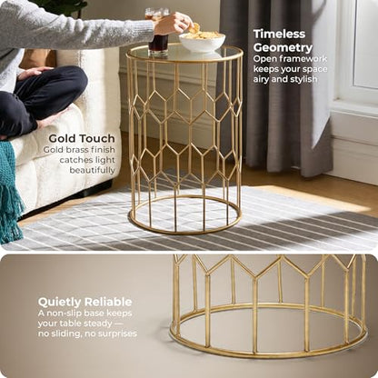 Harper Round Glass Accent Side Table, 16 Inch Modern End Table with Gold Metal Geometric Frame for Living Room, Bedroom or Small Spaces