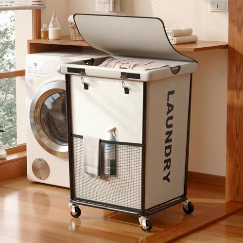 Laundry Hamper with Wheels and Lid, 150L Heavy Duty Rolling Laundry Basket, 88 lbs Capacity, Removable Inner Bag, Clothes Storage Organizer for Bedroom Bathroom Dorm, White - color: White, size: 150L