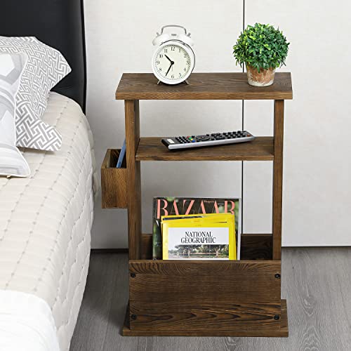 MyGift 24 Inch Tall Rustic Burnt Wood End Table with Remote Control Holder, Storage Shelf, and Magazine Rack, Wooden Narrow Living Room Couch Side Accent Furniture - color: Burnt Wood