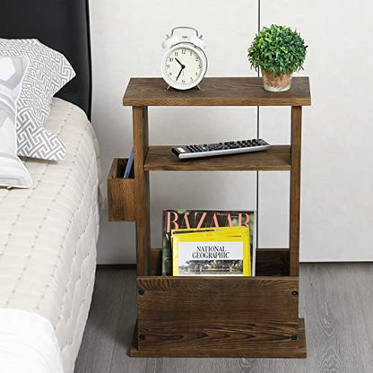 MyGift 24 Inch Tall Rustic Burnt Wood End Table with Remote Control Holder, Storage Shelf, and Magazine Rack, Wooden Narrow Living Room Couch Side Accent Furniture - color: Burnt Wood