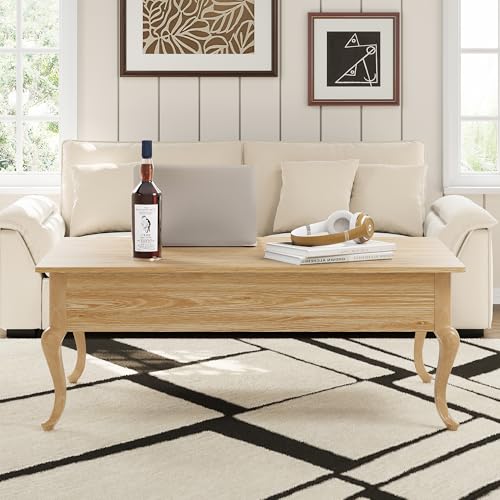 Lift Top Coffee Table, Farmhouse Coffee Table with Hidden Storage, Wood Center Table Dining Table for Living Room, Apartment, Home Office (Natural)