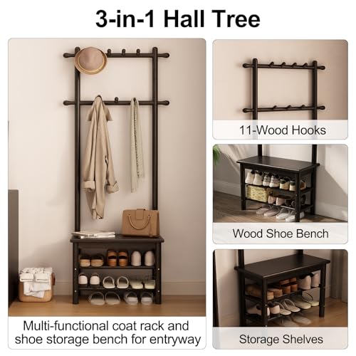 AQIMUELE Coat Rack with Shoe Storage, Narrow Wooden Hall Tree with Bench, 11 Hooks and 2-Tier Storage Shelves, 3-in-1, Entryway Bench with Coat Rack (23.6"-Black)