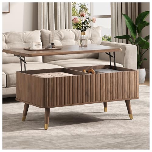 Lift Top Coffee Table with Storage, Mid Century Modern Coffee Table with Solid Wood Legs, 38" Minimalist Fluted Center Table for Living Room, Home Office, Walnut - color: Walnut, size: Rectangular