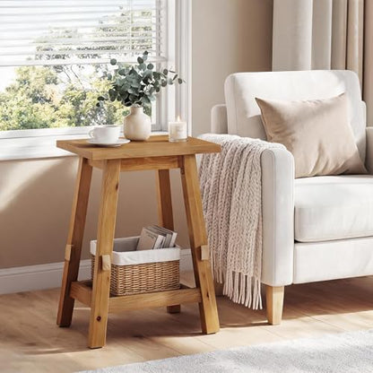 Solid Wood Square Side Table, 2 -Tier Farmhouse End Table, Nightstands with Shelf Storage for Living Room, Bedroom, Office and Small Spaces, Rustic Brown