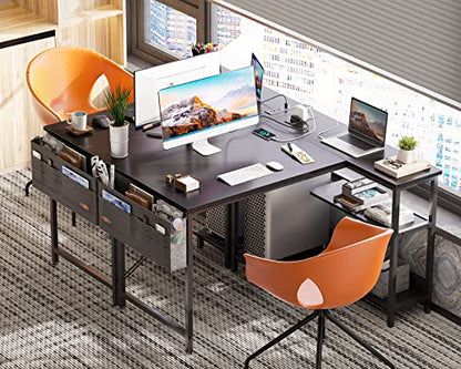 ODK 40 Inch Small L Shaped Gaming Computer Desk with Power Outlets, Reversible Storage Shelves & PC Stand for Home Office, Simple Writing Study Table with Storage Bag for Small Space, Black - size: 40 inch