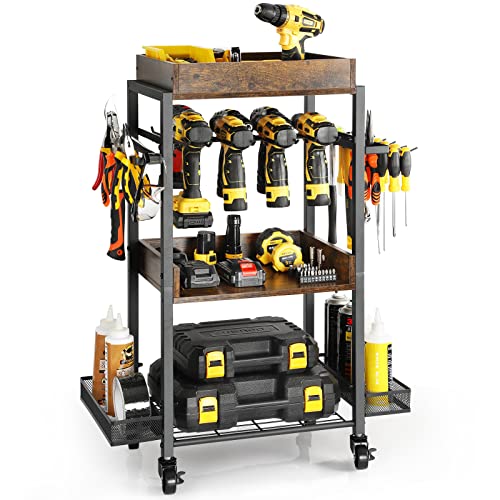 Olakee Power Tool Organizer Garage Storage Organization Shelving Tool Holder Drill Rack Shelf Rolling Cart Open Tool Chest Cabinet Box Organizer with Wheels Workshop Garage Gift Ideas for Men Dad