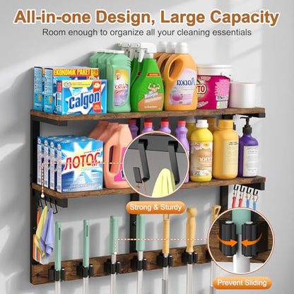 Housolution Wall Mount Broom Holder Laundry Room Storage Organizer Shelves | 2 Tier Large Capacity, Thickened Metal Frame, 100 LBS High Load-Bearing, Multifunctional with 7 Grippers & 8 Hooks - size: 7 Grippers with 2 Tier Shelf
