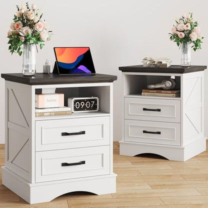 Fluest 24" Tall Farmhouse Nightstands Set of 2, Night Stands with Fast Charging Station, Beside Tables with Drawers and Open Storage, Rustic End Tables for Bedroom, Antique White - color: Antique White
