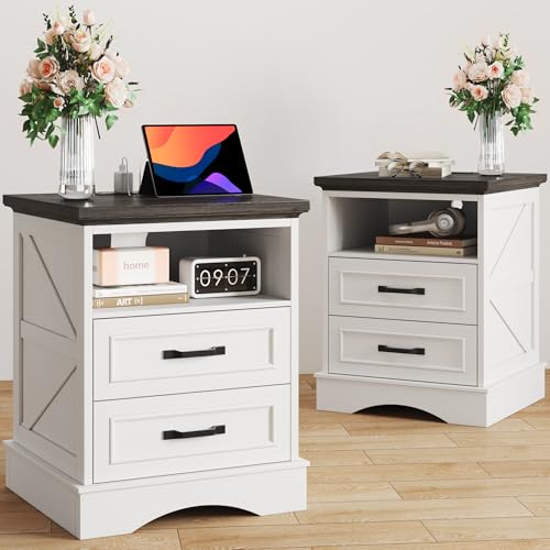 Fluest 24" Tall Farmhouse Nightstands Set of 2, Night Stands with Fast Charging Station, Beside Tables with Drawers and Open Storage, Rustic End Tables for Bedroom, Antique White - color: Antique White