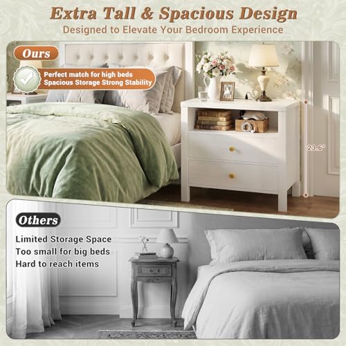 Aheaplus Nightstand with Charging Station, 23.6'' Large Bed Side Table with Wooden 2 Drawers, Night Stand for Bedroom, End Table with Open Storage Shelf for Living Room, Set of 2, White - color: White