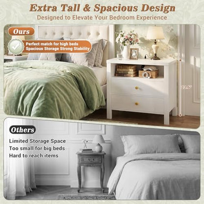 Aheaplus Nightstand with Charging Station, 23.6'' Large Bed Side Table with Wooden 2 Drawers, Night Stand for Bedroom, End Table with Open Storage Shelf for Living Room, Set of 2, White - color: White