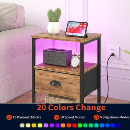 sthmec Nightstands Set of 2, LED Night Stands with Charging Station and Fabric Drawer, Bedside Tables with Drawers, 2- Tier LED Side Table End Table Charging Station Bedroom,Rustic Brown - color: Rustic Brown, style: Power & LED