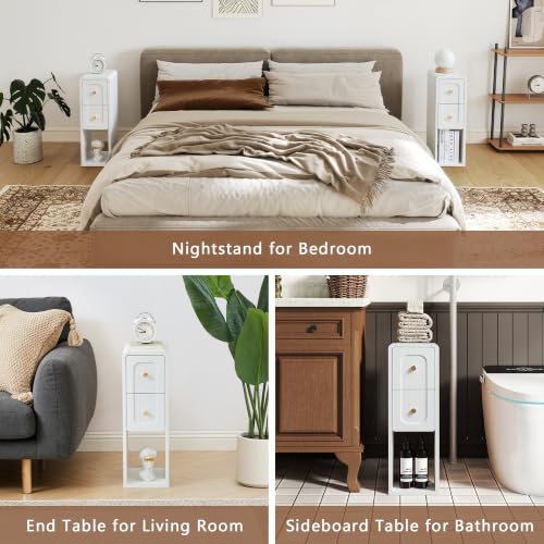Narrow Nightstand with 2 Drawers, Small Bedside Tables, Mid-Century Modern Slim Night Stand with Storage, Wooden End Table for Small Spaces, Bedroom, Living Room - color: 2drawers-white-1pcs
