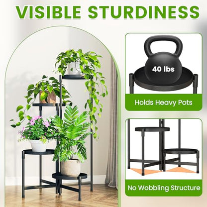 Plant Stand Indoor Outdoor, 4 Tier Corner Metal Flower Display Holder Shelf, Folding Tall Orchid Rack for Patio Balcony Porch Garden Living Room House, Black