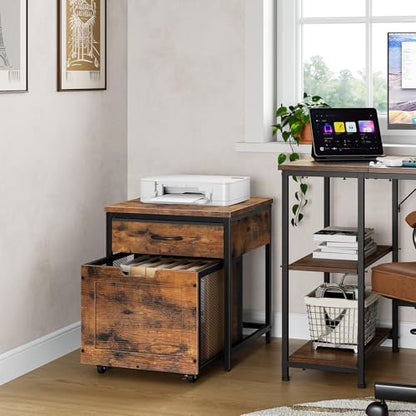 CHOEZON Mini Fridge Stand with Power Outlet, Large Side Table with 2AC and 2 USB Ports, Mobile Beverage Cart with Fabric Drawer for Dorm, Kitchen, Living Room, Rustic Brown and Black TBZ56UBF