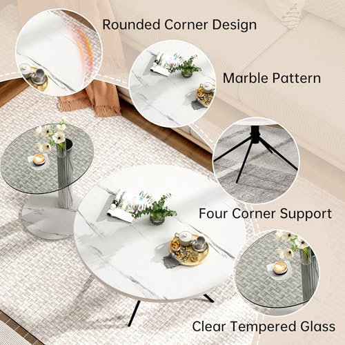Hooseng Set of 2 Round Coffee Tables, Faux Marble Top and Modern Tempered Transparent Glass Top,Perfect for Living Room,Cafe,Home,and Office(Coffee Table+Side Table) - color: Coffee Table+side Table