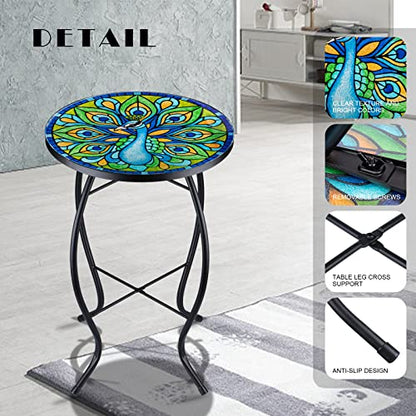 VCUTEKA Patio Side Table Outdoor Accent Table Bistro Coffee Table Plant End Table Small Porch Table Indoor Round Glass Balcony Plant Table Stands Peacock - color: Peacock