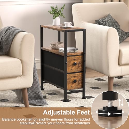 Small Narrow Side Table with Drawers, Skinny End Table for Small Spaces, Slim Nightstand with Storage, sofa bedside Table in Living Room, Bedroom, Study, kitchen and Balcony (Rustic Brown)M-LBZ83B1V1 - color: Rustic Brown&black