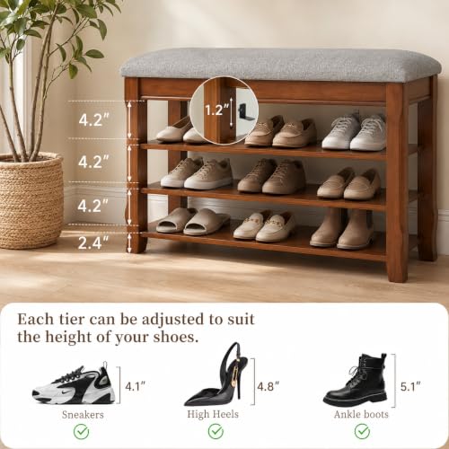 Solid Wood Shoe Bench with Storage, Flip-Top Soft-Close Lid, Adjustable Shelves, Cushioned Entryway Shoe Rack Organizer, 31.5” - size: 31.5"