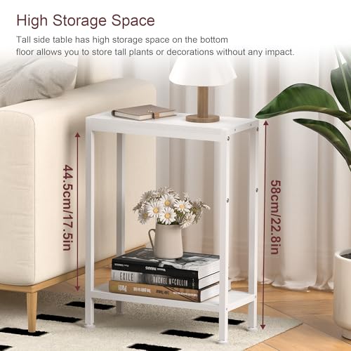 Narrow Side Table for Small Space, 2-Tier Slim End Table, Thin Nightstand, Skinny Snack Couch Table, Sofa Bedside Table, Tall Plant Stand in Living Room, Bedroom, Study, Kitchen and Balcony (White) - color: White, size: 2-Tier (7.9''D*17''W*22.8''H)