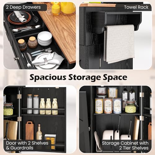 Giantex Kitchen Island Cart with Hidden Tilt Out Trash Can Cabinet, Drop Leaf, 2 Drawers, Towel Rack, Rolling Mobile Breakfast Bar Table, Wood Kitchen Storage Cart on Wheels (Black & Natural) - color: Black