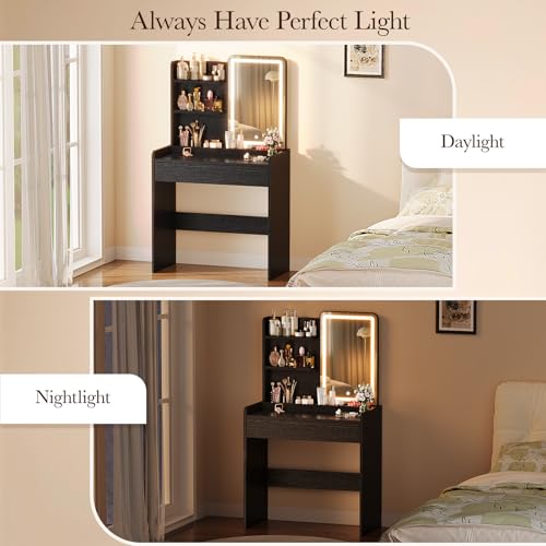 Memobarco Small Vanity Desk with Mirror and Lights, Makeup Vanity with Drawer & Storage Shelves, Vanity Desk with 3 Lighting Modes & Adjustable Brightness, Dressing Table for Women Girls, Black - color: Black
