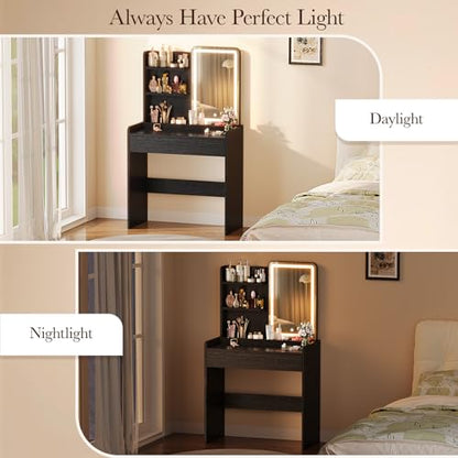 Memobarco Small Vanity Desk with Mirror and Lights, Makeup Vanity with Drawer & Storage Shelves, Vanity Desk with 3 Lighting Modes & Adjustable Brightness, Dressing Table for Women Girls, Black - color: Black