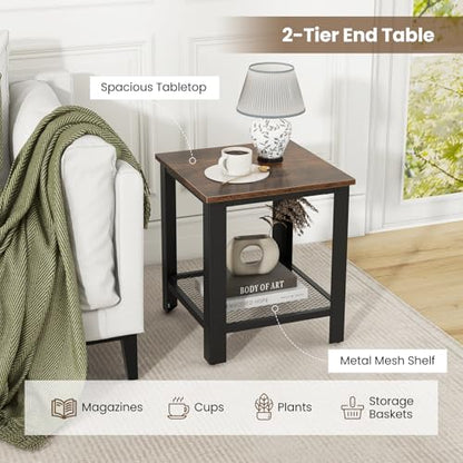 Giantex 2-Tier End Table Set of 2, 16 Inch Small Side Table w/Mesh Storage Shelf, Industrial Telephone Table with Heavy-Duty Metal Frame, Square Sofa Table for Small Space Living Room, Rustic Brown