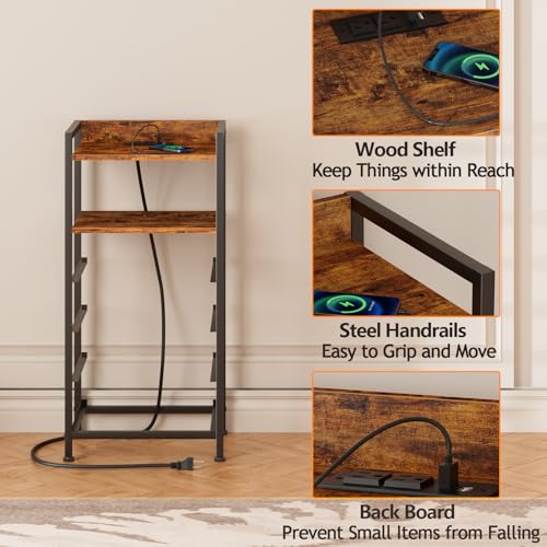 Furnulem Night Stand with Charging Station, 4 Drawer Tall Bedside Table | small dresser for bedroom, with LED light & Remote Control, Fabric Bins and Metal Frame,Wood Desk Top,Easy Assemble for Dorm - color: Rustic Brown