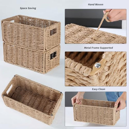 2-Pack Paper Rope Wicker Toilet Paper Baskets, 11.2x6x4.8in, Natural Brown | Narrow woven foldable storage baskets for shelves, countertops and toilet tank tops; rectangular organizer bins for bathrooms