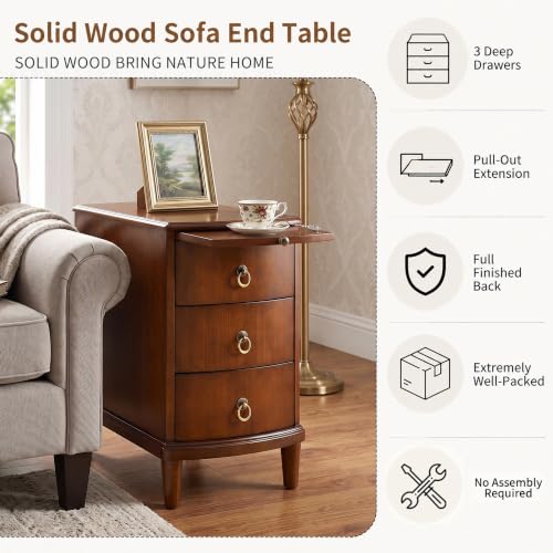 Solid Wood End Table with 3 Drawers and Slide-Out Coffee Tray | Cherry Red American Beside Table, Sofa Chair Side Table Nightstand for Living Room Bedroom, Rustic Wood Grain Accent Table - size: 22.6" Wood End Table