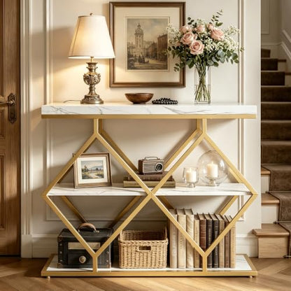 Garvee 3 Tier Console Table,39" Industrial Entryway Table,Open Wood Shelves | Sofa Table,Narrow Wood Accent Tables with Metal Frame for Hallway,Living Room,Behind Couch,Foyer,Entrance,White - color: White + Diamond-shaped