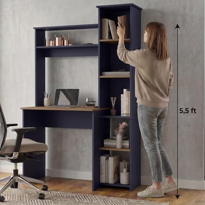 Tuhome Versalles Writing Desk with Hutch & Side Bookcase, Tall 63.9" Vertical Computer Desk, 5 Open Shelves Home Office Desk, Space-Saving Small Desk, Engineered Wood - color: Natural Oak, Blue