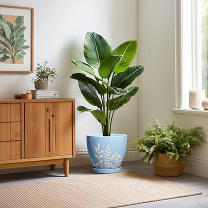 10 Inch Large Ceramic Plant Pot with Saucer - Round Planter with Drainage for Indoor Outdoor Plants, Boho Flower Pot, Home Office Room Garden Decor, Housewarming Gift, Blue - size: 10 Inch