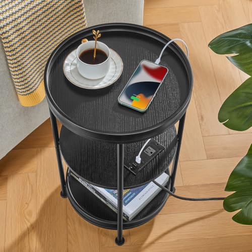 Dulcii Round Side Table with Charging Station, 24'' End Table with 3 Shelves for Living Room, Bedroom Nightstand with Steel Frame for Small Spaces, Industrial Round Sofa Table (USB+Black) - color: Black, style: With Outlets