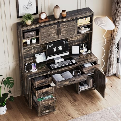 61" Farmhouse Executive Desk with Hutch & Charging Station, Wooden Computer Desk with 2 Sliding Barn Doors, 5 Drawers & Storage Cabinet with Adjustable Shelf for Home Office, Bedroom (Rustic Gray-01) - color: Rustic Gray-01