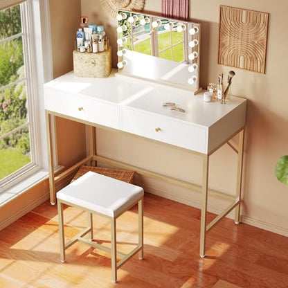 SUPERJARE 35.4" White and Gold Desk with 2 Drawers, Modern Makeup Vanity | Vanity with Padded Stool, Small Computer Desk Home Office Desk for Writing Study Bedroom - color: Gold and White, size: 35.4 inch