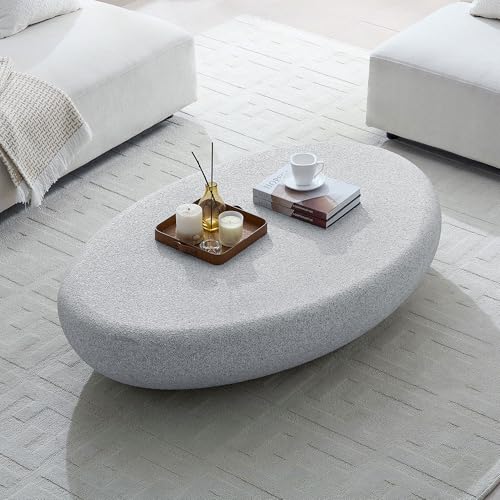 55.12" Faux Stone Coffee Table Modern Unique Coffee Table Oval Rock Center Tables Round Edge Design Fiberglass Concrete Accent Tables for Living Room Office Apartment No Assembly, Cement - color: Fiberglass Oval-cement