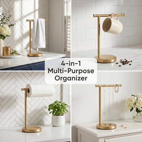 Hoimpro 13" Brushed Gold Stand Hand Towel Holder Bathroom Kitchen Countertop Towel Rack Towel Bar Ring Free Standing Counter T Bath Accessories Freestanding Vanity Sink Hardware Stainless Steel - color: Brushed Gold