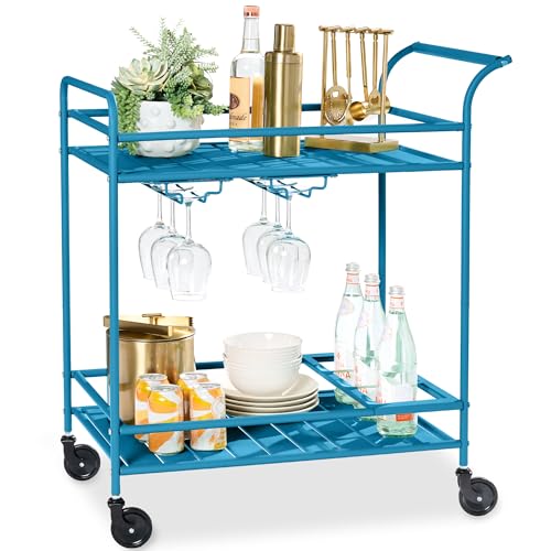 Best Choice Products Rolling Bar Cart, Mobile Home Bar Serving Cart, Serving Station w/ 2 Tier Shelves, Wine Rack, Lockable Wheels - Peacock - color: Peacock