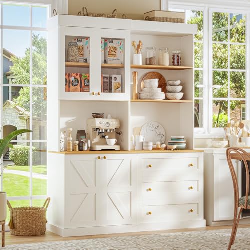 ivaniti 71" Farmhouse Kitchen Pantry Cabinet, White Freestanding Storage Hutch with Glass Doors, Drawers & Countertop, Microwave Stand & Coffee Bar, Adjustable Shelves, Set of 2 - color: White, size: A+B