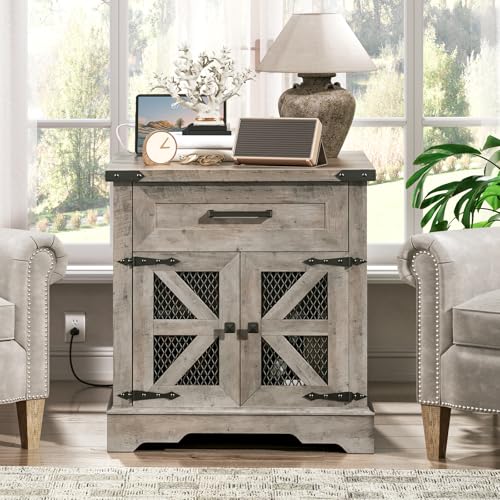 RALGEND Farmhouse End Table with Charging Station, 24" Large Sofa Side Table with Drawer, Large End Table for Living Room, Wooden Nightstand with Outlet, Square, Greige - color: Greige